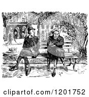 Clipart Of Vintage Black And White Grumpy And Curious Men Sitting On A Park Bench Royalty Free Vector Illustration