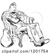 Clipart Of A Vintage Black And White Bored Man Sitting In A Chair Royalty Free Vector Illustration