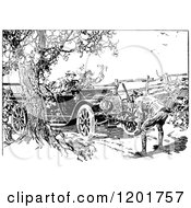 Clipart Of A Vintage Black And White Officer Stopping A Couple In Car Royalty Free Vector Illustration