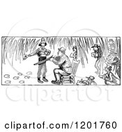 Clipart Of A Vintage Black And White Hunter And People Directing Watching And Painting Royalty Free Vector Illustration