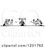 Clipart Of A Vintage Black And White Man And Fans At A Concert Hall Royalty Free Vector Illustration
