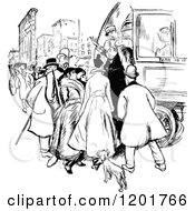Clipart Of A Vintage Black And White Bus And Street Scene Royalty Free Vector Illustration by Prawny Vintage