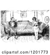 Clipart Of A Vintage Black And White Couple On A Sofa Royalty Free Vector Illustration