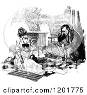 Clipart Of A Vintage Black And White Couple Preparing A Picnic Royalty Free Vector Illustration