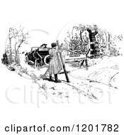 Clipart Of A Vintage Black And White Man Driving His Vintage Car Down A Blocked Road Royalty Free Vector Illustration by Prawny Vintage