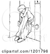 Clipart Of A Vintage Black And White Boy Leaning On A Door Royalty Free Vector Illustration
