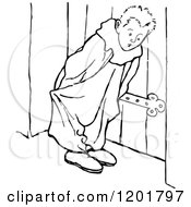 Clipart Of A Vintage Black And White Boy Listening At A Door Royalty Free Vector Illustration