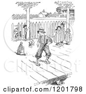 Clipart Of A Vintage Black And White Boy Blowing Up A Doll As Girls Watch Royalty Free Vector Illustration