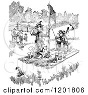 Clipart Of  Vintage Black And White Boys And Dogs On A Raft Royalty Free Vector Illustration
