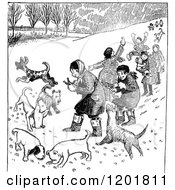 Poster, Art Print Of Vintage Black And White Children Playing With Dogs Outside