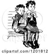 Clipart Of Vintage Black And White Worried Boys Sitting Royalty Free Vector Illustration