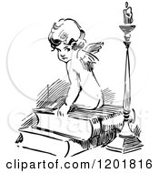 Clipart Of A Vintage Black And White Cherub Sitting On Books By A Candle Royalty Free Vector Illustration by Prawny Vintage