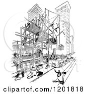 Clipart Of A Vintage Black And White Scaffolded Building In The City Royalty Free Vector Illustration
