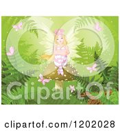 Blond Fairy Girl With Roses In Her Hair Sitting On A Mushroom In A Fantasy Forest With Butterflies And Ferns