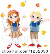 Poster, Art Print Of Happy School Boy And Girl Holding Hands Under Autumn Leaves