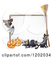 Cartoon Of A Vampire Bat Pointing To A Halloween Sign With Black Cats A Broomstick And Pumpkins Royalty Free Vector Clipart