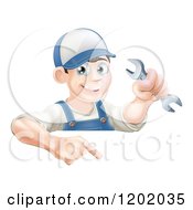 Cartoon Of A Happy Brunette Worker Man Holding A Wrench And Pointing Down At A Sign Royalty Free Vector Clipart