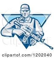 Retro Male Soldier With An Assault Rifle In A Blue Triangle