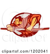 Clipart Of A Retro Samurai Warrior With A Catana Sword In An Oval Royalty Free Vector Illustration