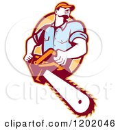 Clipart Of A Retro Logger Using A Chain Saw Emerging From An Orange Oval Royalty Free Vector Illustration by patrimonio #COLLC1202046-0113