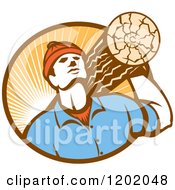 Poster, Art Print Of Retro Worker Carrying A Log In A Circle Of Sun Rays