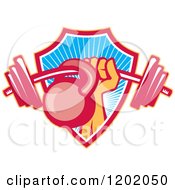 Clipart Of A Retro Weightlifter Hand With A Barbell And Kettlebell Emerging From A Ray Shield Royalty Free Vector Illustration
