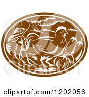 Poster, Art Print Of Brown Woodcut Chicken Oval With Vegetables