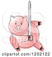 Clipart Of A Pig Fighting With A Sword Royalty Free Vector Illustration