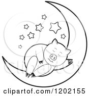 Poster, Art Print Of Black And White Pig Sleeping On A Crescent Moon