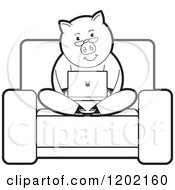 Clipart Of A Black And White Pig Using A Laptop Computer On A Chair Royalty Free Vector Illustration by Lal Perera