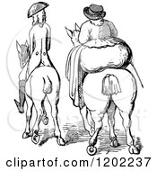 Clipart Of A Vintage Black And White Rear View Of A Skinny Man And Fat Woman On Horses Royalty Free Vector Illustration