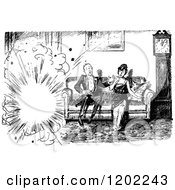 Clipart Of A Vintage Black And White Couple And Explosion Royalty Free Vector Illustration