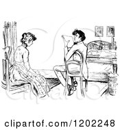 Clipart Of A Vintage Black And White Young Couple At Home Royalty Free Vector Illustration