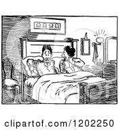 Clipart Of A Vintage Black And White Startled Couple In Bed Royalty Free Vector Illustration