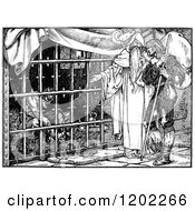 Clipart Of Vintage Black And White Pilgrims Progress Man In A Lion Cage Royalty Free Vector Illustration