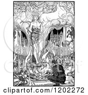 Clipart Of Vintage Black And White Pilgrims Progress Buring Of Faithful Royalty Free Vector Illustration