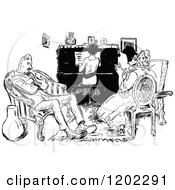 Clipart Of A Vintage Black And White Family By A Piano Royalty Free Vector Illustration