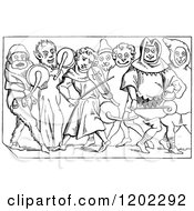 Clipart Of Vintage Black And White Medieval Musicians Royalty Free Vector Illustration