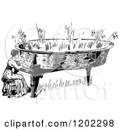 Clipart Of A Vintage Black And White Woman Playing A Piano Royalty Free Vector Illustration