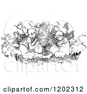 Clipart Of Vintage Black And White Children With Pots Royalty Free Vector Illustration