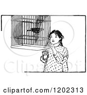 Poster, Art Print Of Vintage Black And White Girl And Pet Bird