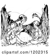 Clipart Of Vintage Black And White Children Reading In A Garden Royalty Free Vector Illustration