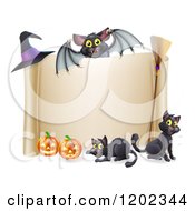Poster, Art Print Of Vampire Bat Over A Halloween Scroll Sign With Black Cats A Broomstick Pumpkins And Witch Hat