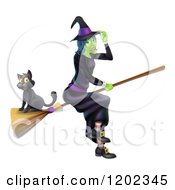 Green Halloween Witch Tipping Her Hat And Flying With A Cat On A Broomstick
