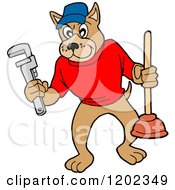 Pit Bull Plumber Dog Holding A Wrench And Plunger