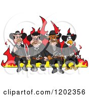 Tough Cow Rooster And Pig Lawmen Walking In Front Of Flames With Bbq Tools