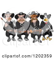 Cartoon Of Tough Cow Rooster And Pig Lawmen Walking Forward With Bbq Tools Royalty Free Vector Clipart