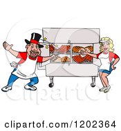 Cartoon Of A Happy White Magician Chef Man And Lady Presenting A Bbq Meat Display Royalty Free Vector Clipart
