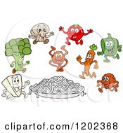 Cartoon Of A Plate Of Spaghetti Noodles With Ingredient Characters Royalty Free Vector Clipart by LaffToon