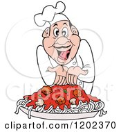 Cartoon Of A Excited Chef Presenting Spaghetti And Meatballs Royalty Free Vector Clipart by LaffToon